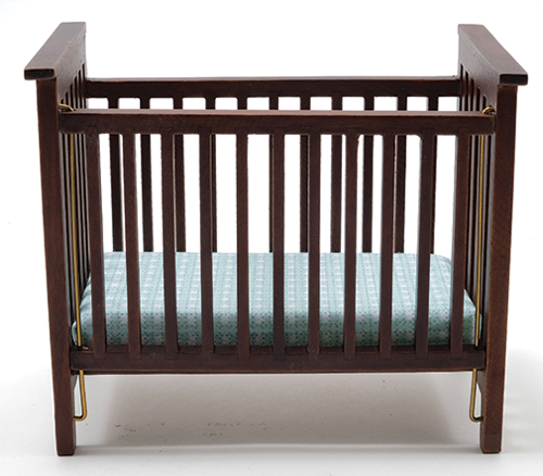 Slatted Nursery Crib, Walnut with Blue Pattern Fabric